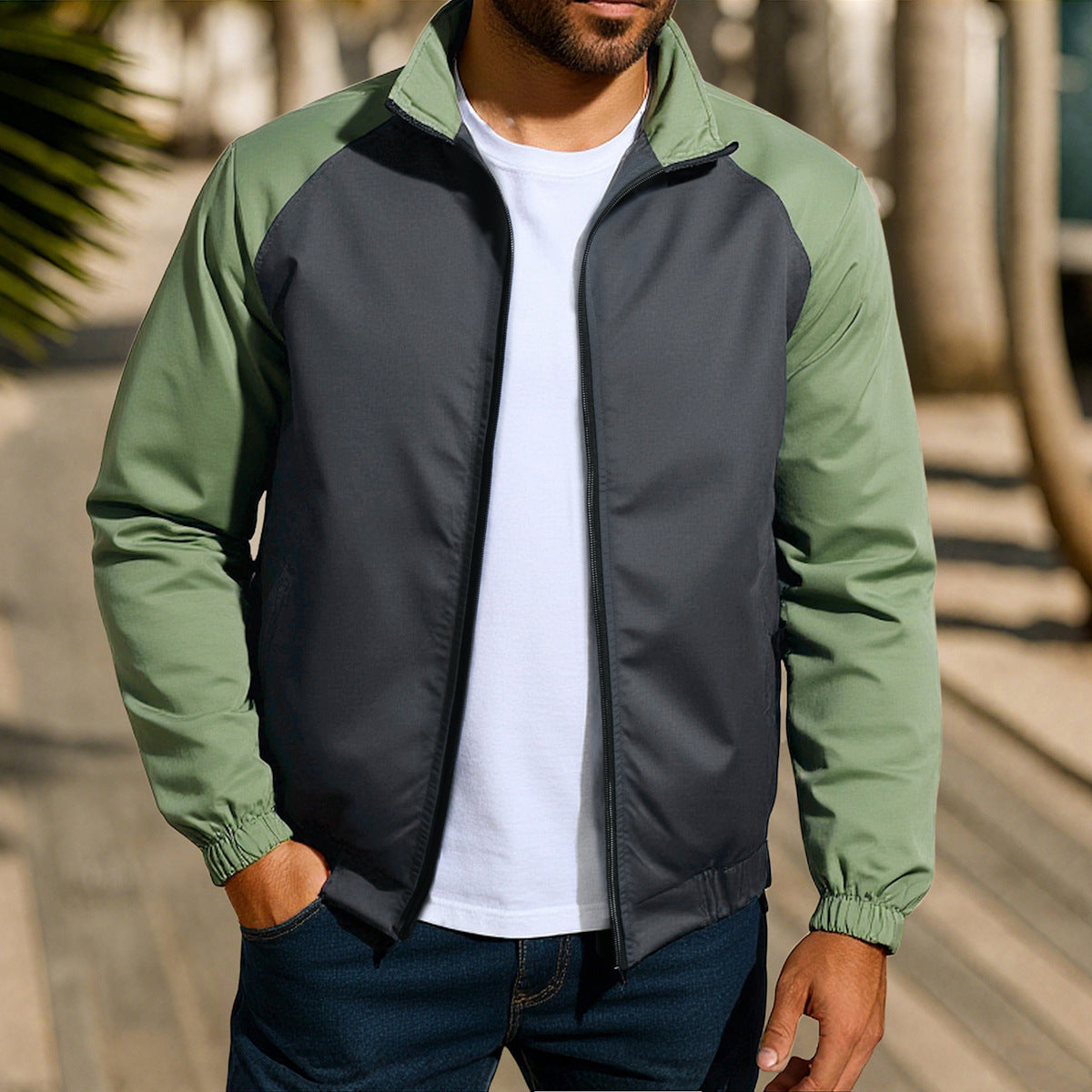 Men's Casual Coat Stand Collar Contrast Color Jacket