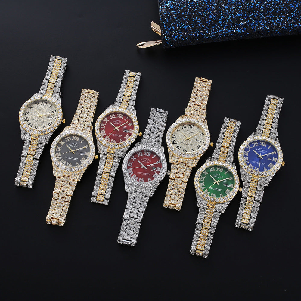 Men’s Luxury Full Diamond Quartz Watch – Steel Band, Rhinestone Dial, Calendar Display, Starry Fashion Design
