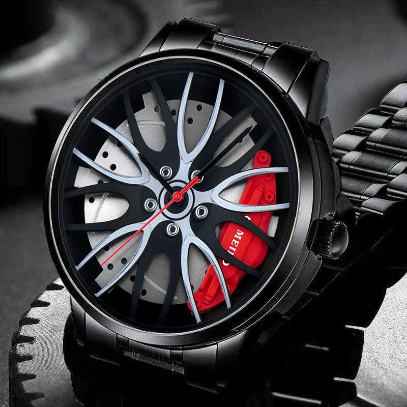 Men's Trendy Wheel Hub Design Watch – Fashion Dial, Steel Band, Quartz Movement, Non-Mechanical Style