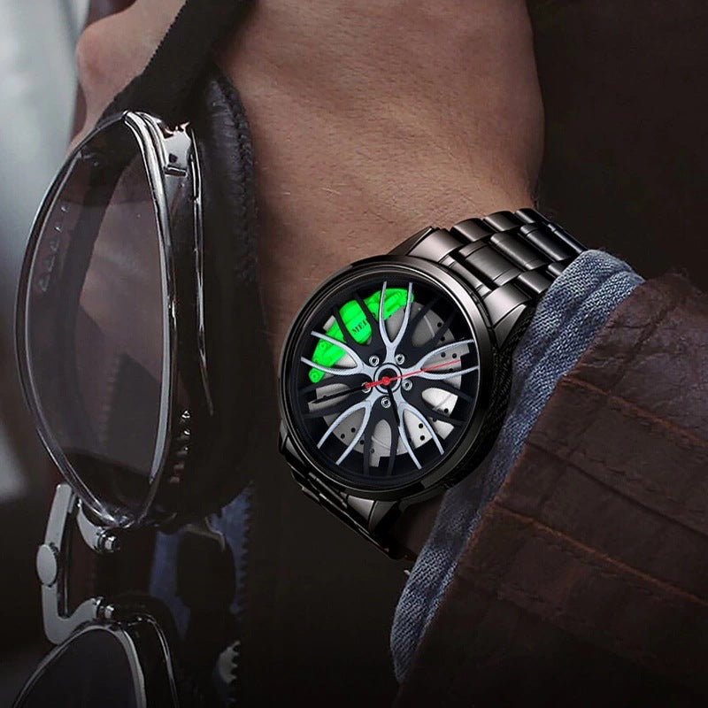 Men's Trendy Wheel Hub Design Watch – Fashion Dial, Steel Band, Quartz Movement, Non-Mechanical Style