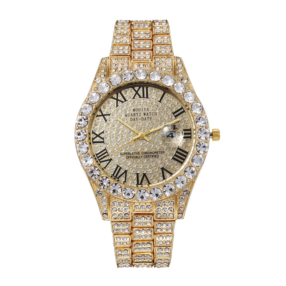 Men’s Luxury Full Diamond Quartz Watch – Steel Band, Rhinestone Dial, Calendar Display, Starry Fashion Design