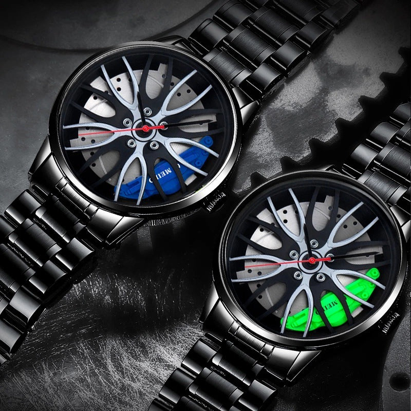 Men's Trendy Wheel Hub Design Watch – Fashion Dial, Steel Band, Quartz Movement, Non-Mechanical Style
