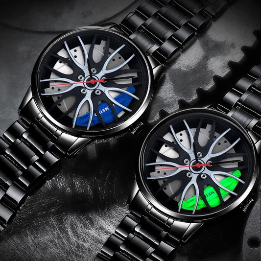 Men's Trendy Wheel Hub Design Watch – Fashion Dial, Steel Band, Quartz Movement, Non-Mechanical Style