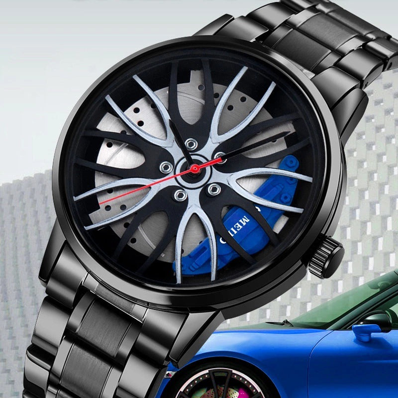 Men's Trendy Wheel Hub Design Watch – Fashion Dial, Steel Band, Quartz Movement, Non-Mechanical Style