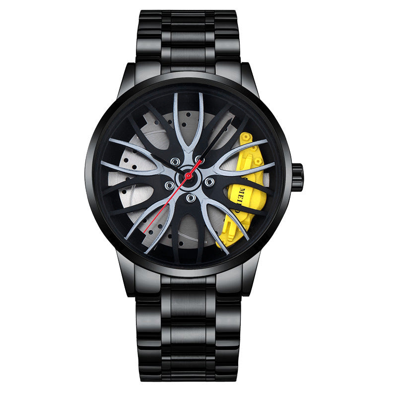 Men's Trendy Wheel Hub Design Watch – Fashion Dial, Steel Band, Quartz Movement, Non-Mechanical Style