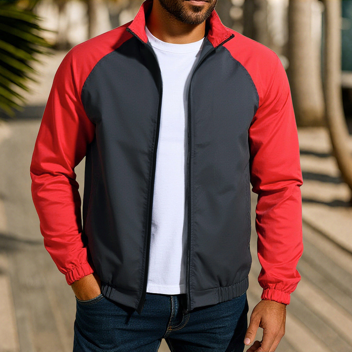 Men's Casual Coat Stand Collar Contrast Color Jacket